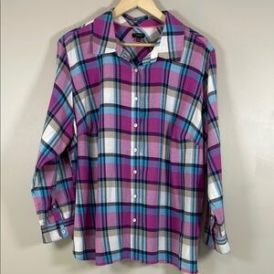 TALBOTS Petite Pink/Blue‎ Plaid 3X Long Sleeve Button Up Cotton Top